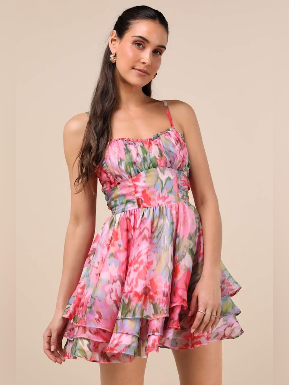 Lulus Evonne Pink Abstract Floral Tiered Mini Skater Dress
